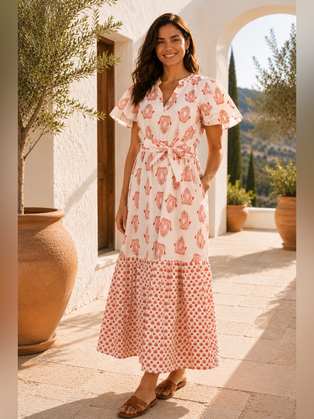 NWT Magari Italy Cream Red Mixed Print Cotton Maxi Dress M Belted